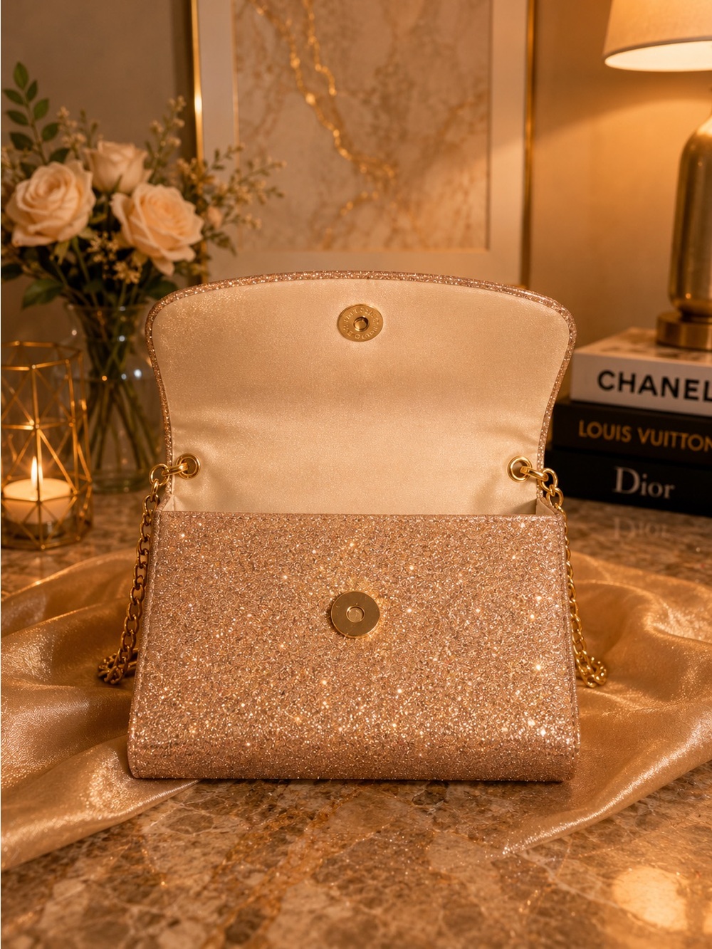Gold Glitter Chain-Handle Evening Clutch - Picture 8 of 8